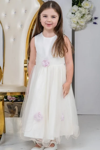Girls Darcy Dress-Ivory & Pink