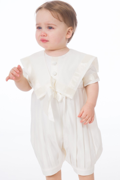 Baby Boys Ivory Pleated Christening Romper