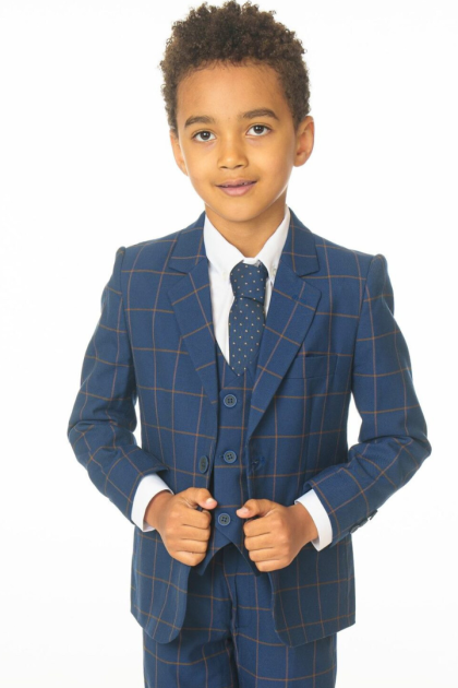 Boys Navy Check 5 Piece Suit Robert