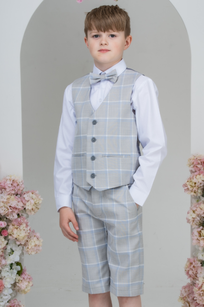 Boys Light Grey Check 4 Piece Shorts Suit