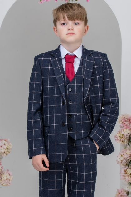 Boys Navy with White Check 5 Piece Suit