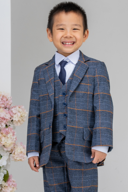 Baby Boys Blue Plaid Check Suit 5 Piece
