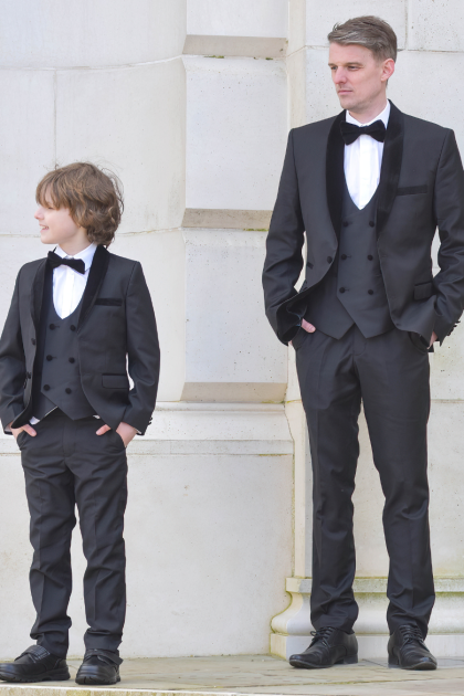 Mens & Boys Black Velvet Lapel Tuxedo Three Piece Suit Milano Mayfair