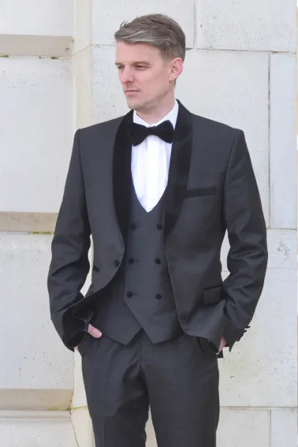 Mens Black Velvet Lapel Tuxedo Three Piece Suit Milano Mayfair