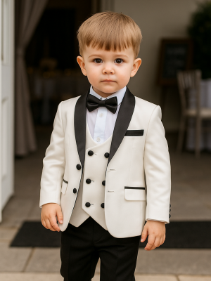Baby Boys 5 Piece White/Black Tuxedo Suit Milano Mayfair