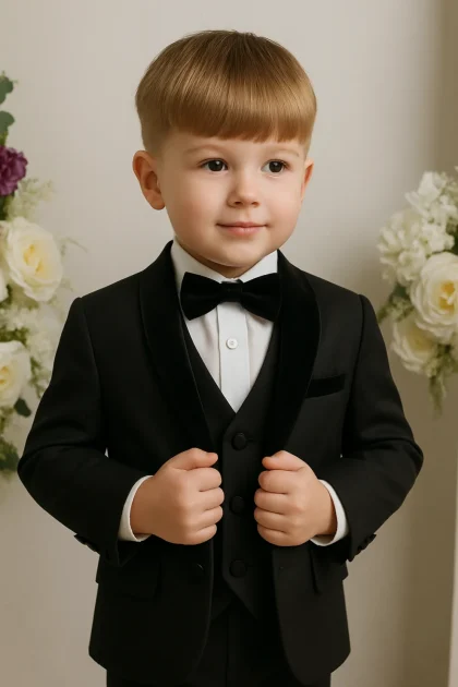 Baby Boys Black Velvet Lapel Tuxedo Suit Milano Mayfair 5 Piece