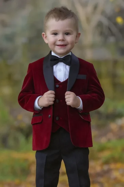 Baby Boys Wine Velvet Tuxedo Suit Milano Mayfair 5 Piece