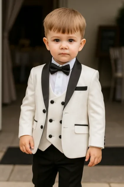 Baby Boys White/Black Tuxedo Suit Milano Mayfair 5 Piece